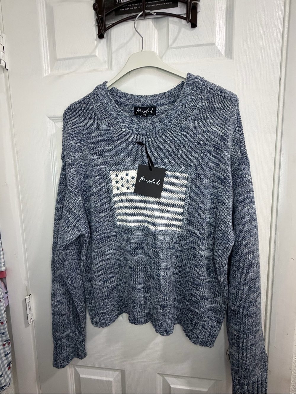 Marled Blue Crewneck Sweater with Flag Patch